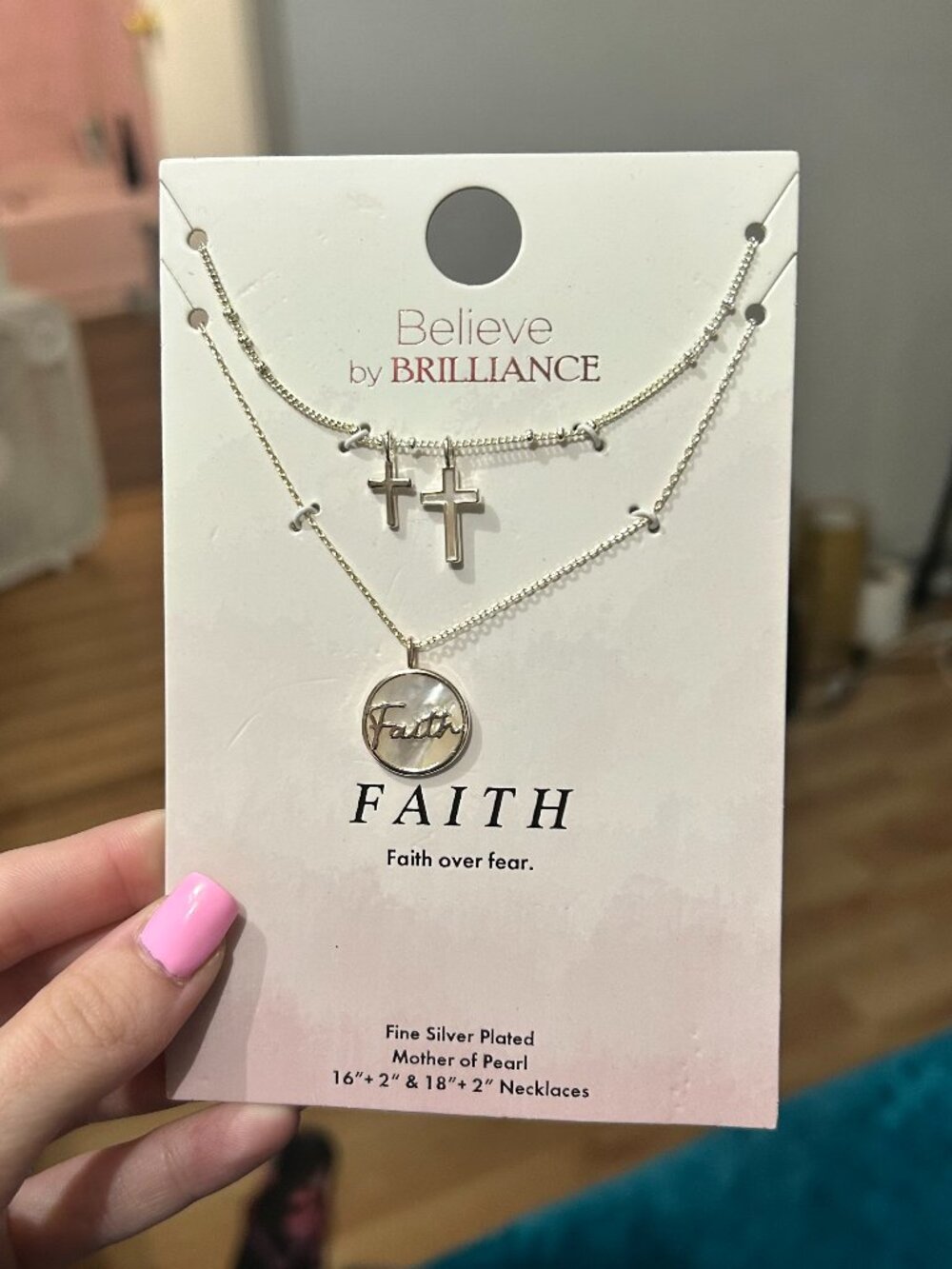 Believe by Brilliance Fine Silver Plated Mother of Pearl Faith Cross Layered Nec